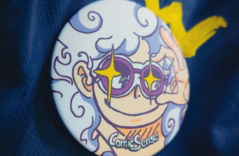 A button with a cartoon character on it